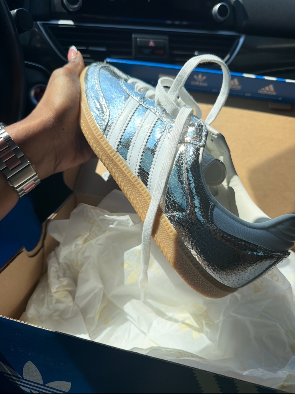 adidas Women’s Metallic Silver Gazelle-Style Sneaker with Gum Sole